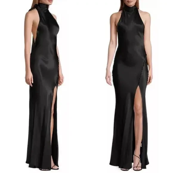 Revolve Sau Lee Black Penelope Halter Tie Neck Maxi Gown Size 2 NWT $550 msrp - Picture 3 of 8